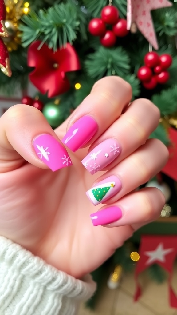 Close-up of pink jelly Christmas nails with festive designs, set against a holiday-themed background.